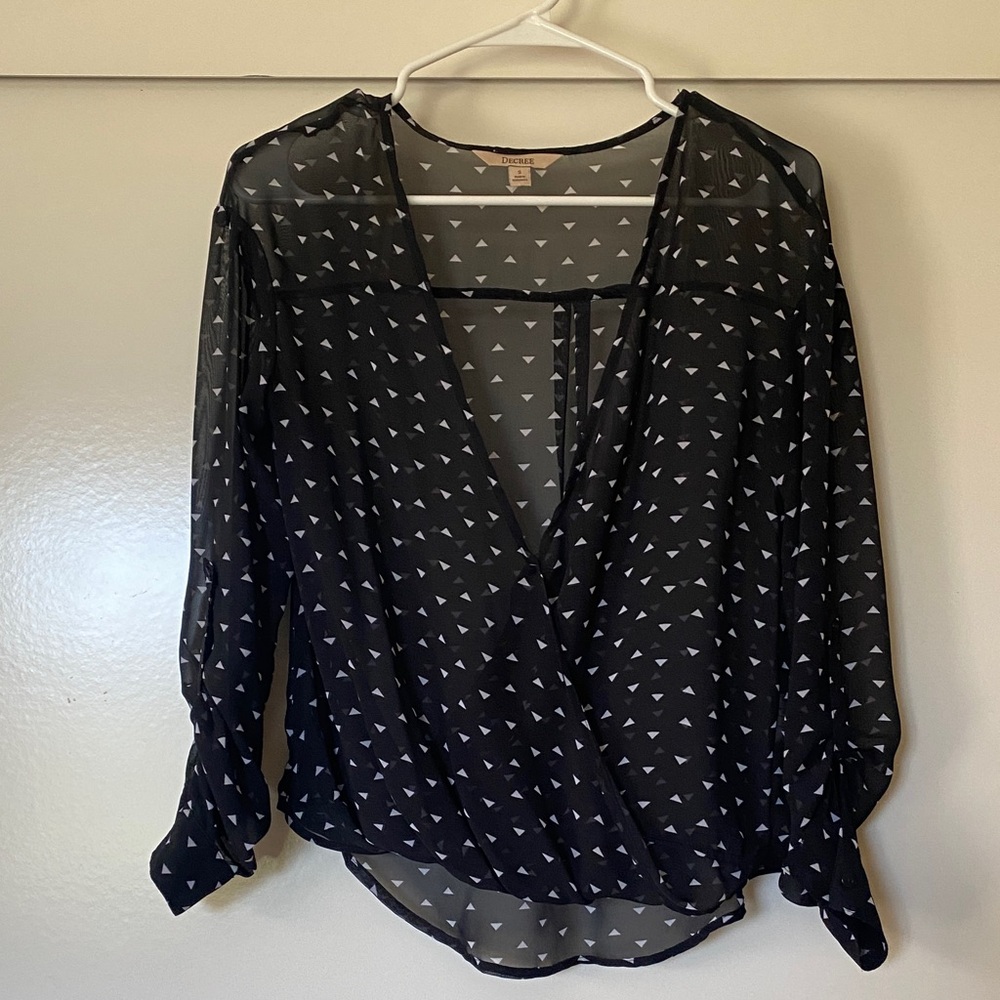Decree Black Sheer Wrap Blouse with White Triangle Print